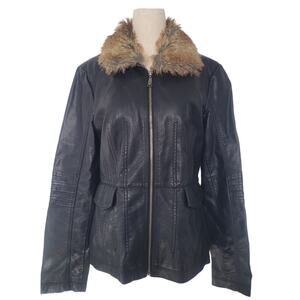 Vintage Y2k Jessica Simpson Faux Leather Fur Trim Jacket Size M Black Grunge